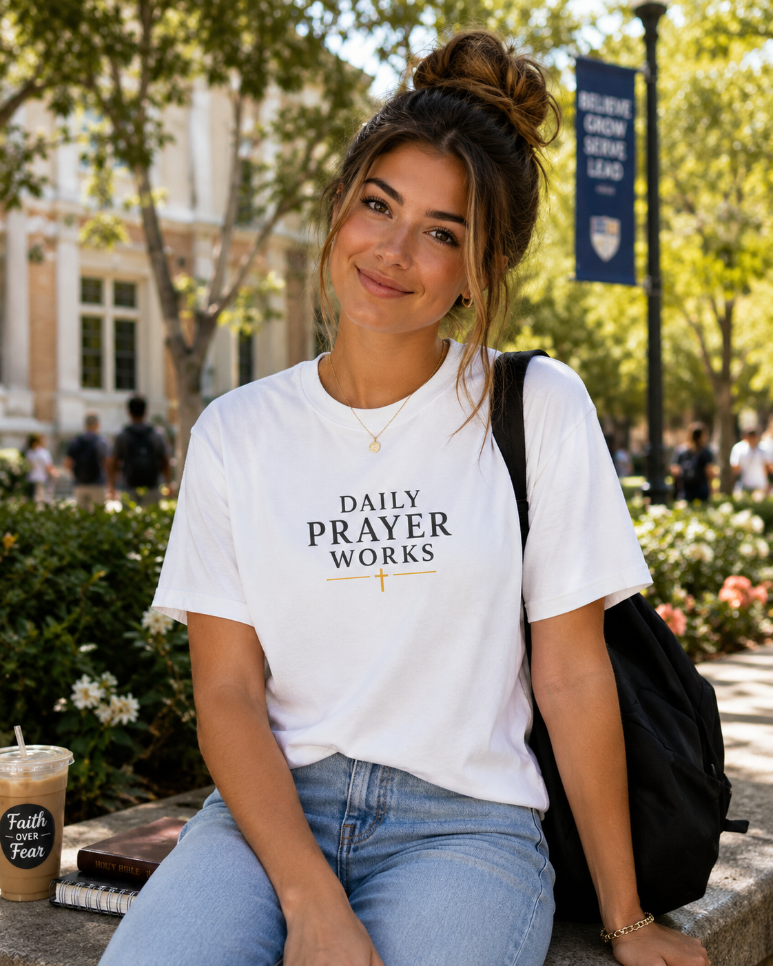 Daily Prayer Works White Christian T-Shirt | Minimalist Faith Cross Tee