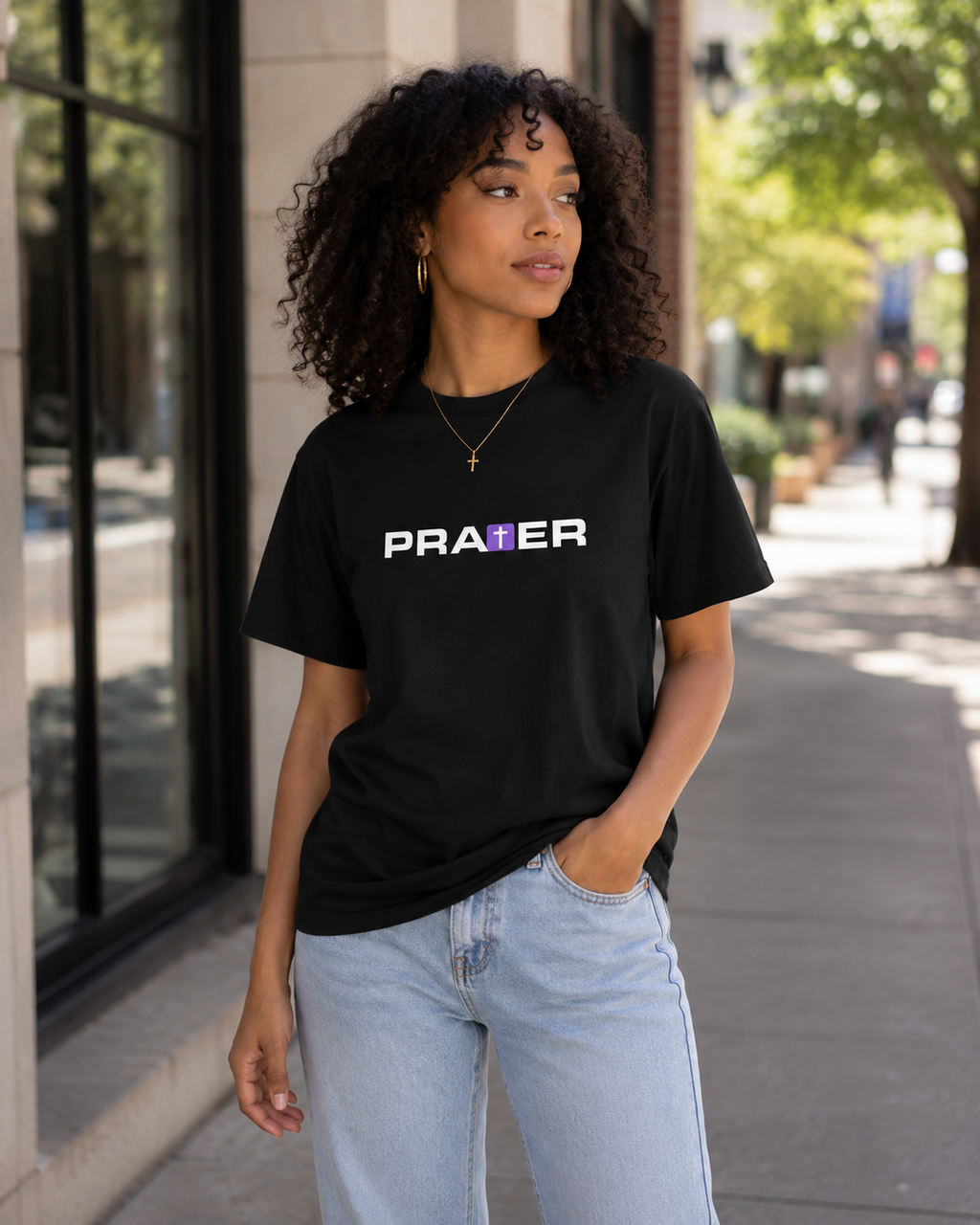 PRAYER Christian T-Shirt with Cross | Minimal Faith Graphic Tee