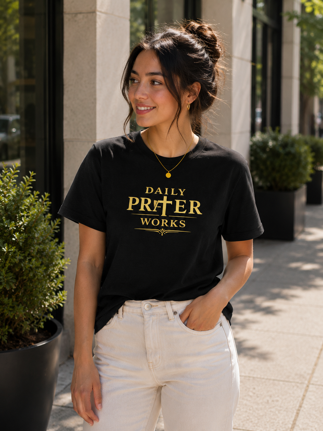 Daily Prayer Works Christian T-Shirt | Minimalist Faith Cross Tee