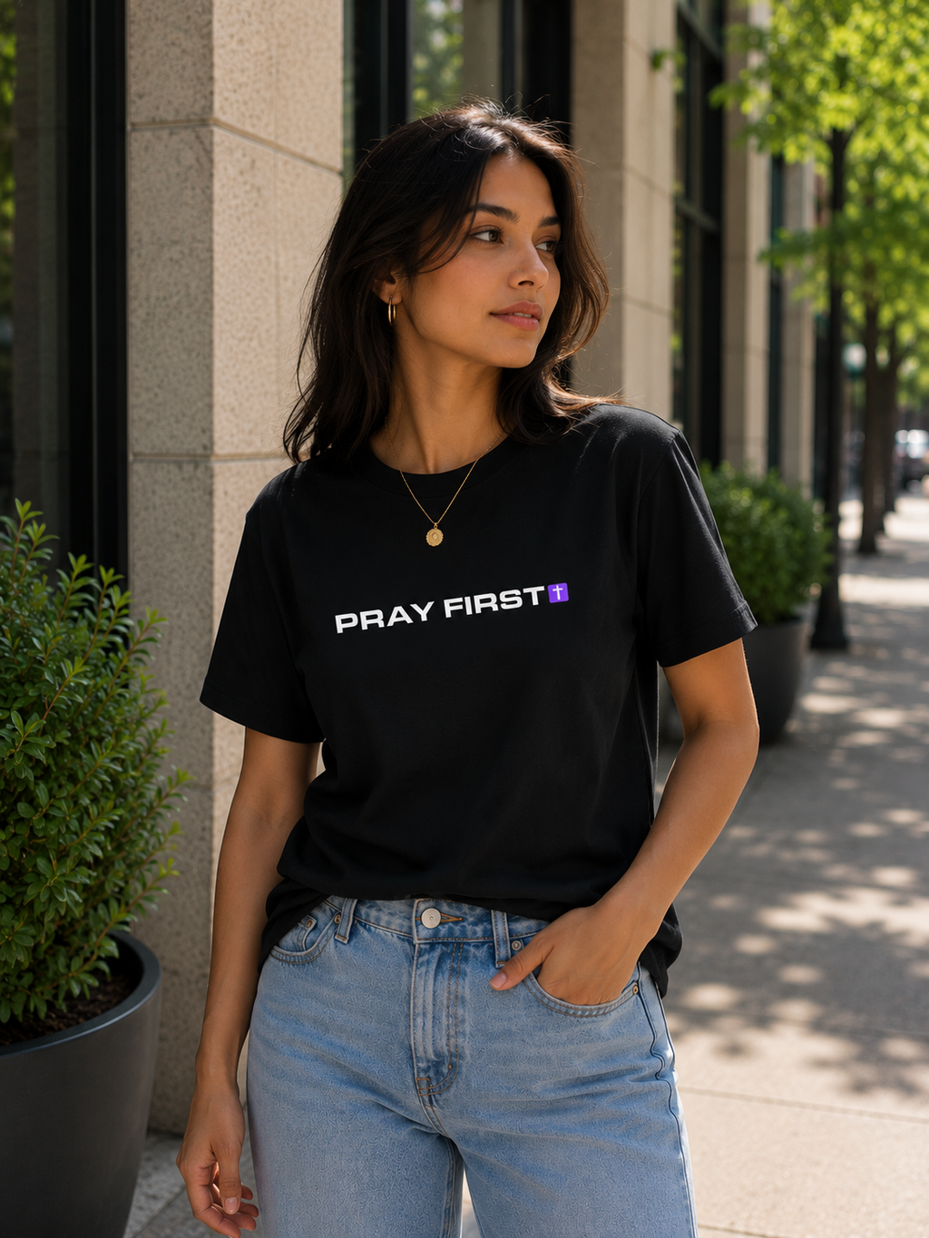Pray First Christian T-Shirt | Minimalist Faith Cross Graphic Tee